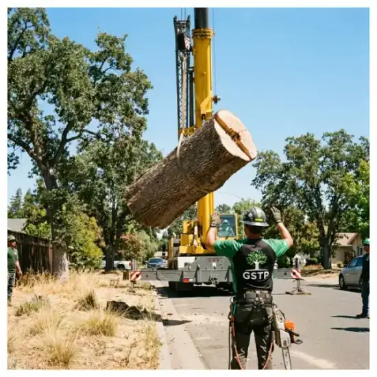 Crane lowering a tree section during a Mesa removal
